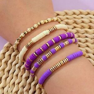 Boho Heishi Bead Bracelet Stack Gold Disc Spacers, Purple & Cream Clay Jewelry